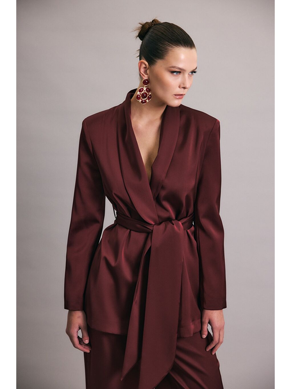 Kuşaklı Saten Ceket - Bordo-4