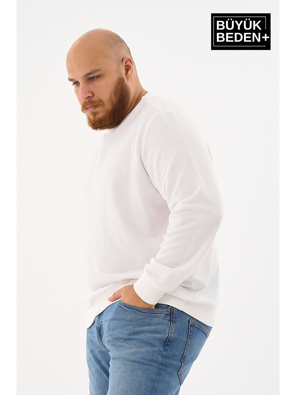 Ekru Erkek Büyük Beden Bisiklet Yaka ince Sweatshirt SPR24BSW56-1