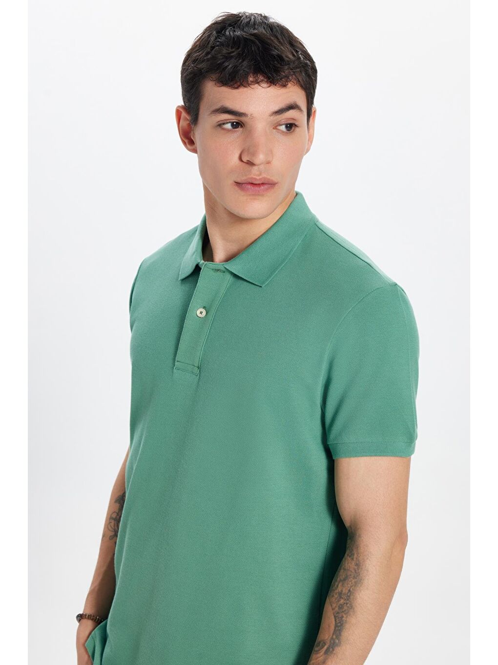 Turkuaz Erkek Slim Fit Dar Kesim %100 Pamuk Yeşil Polo Yaka Tişört-1