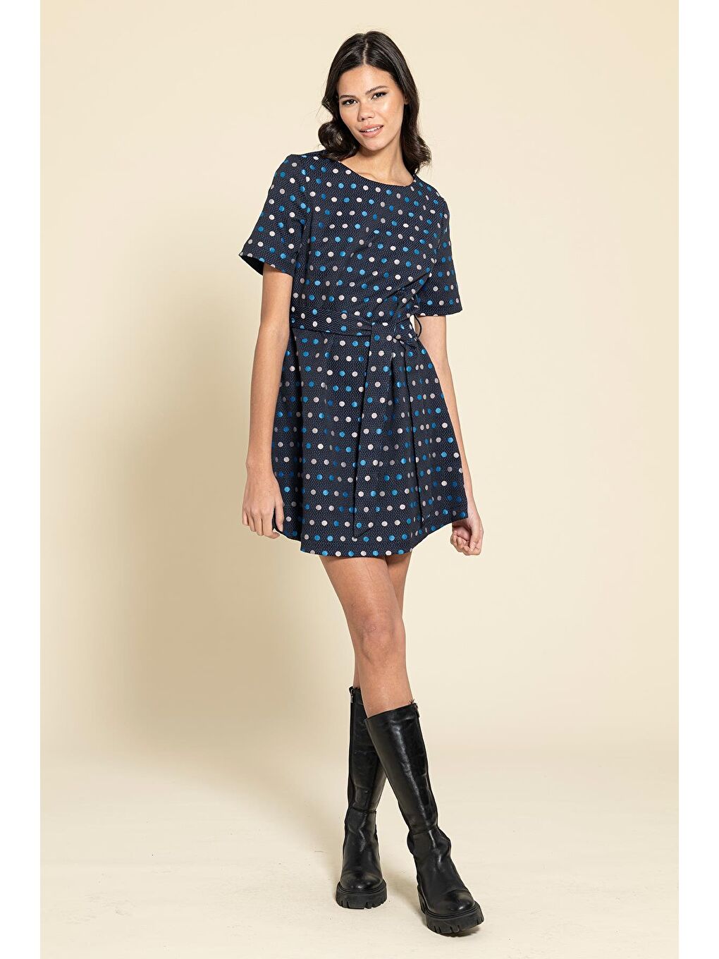 For You Moda Puantiyeli Kemerli Lacivert Mini Elbise