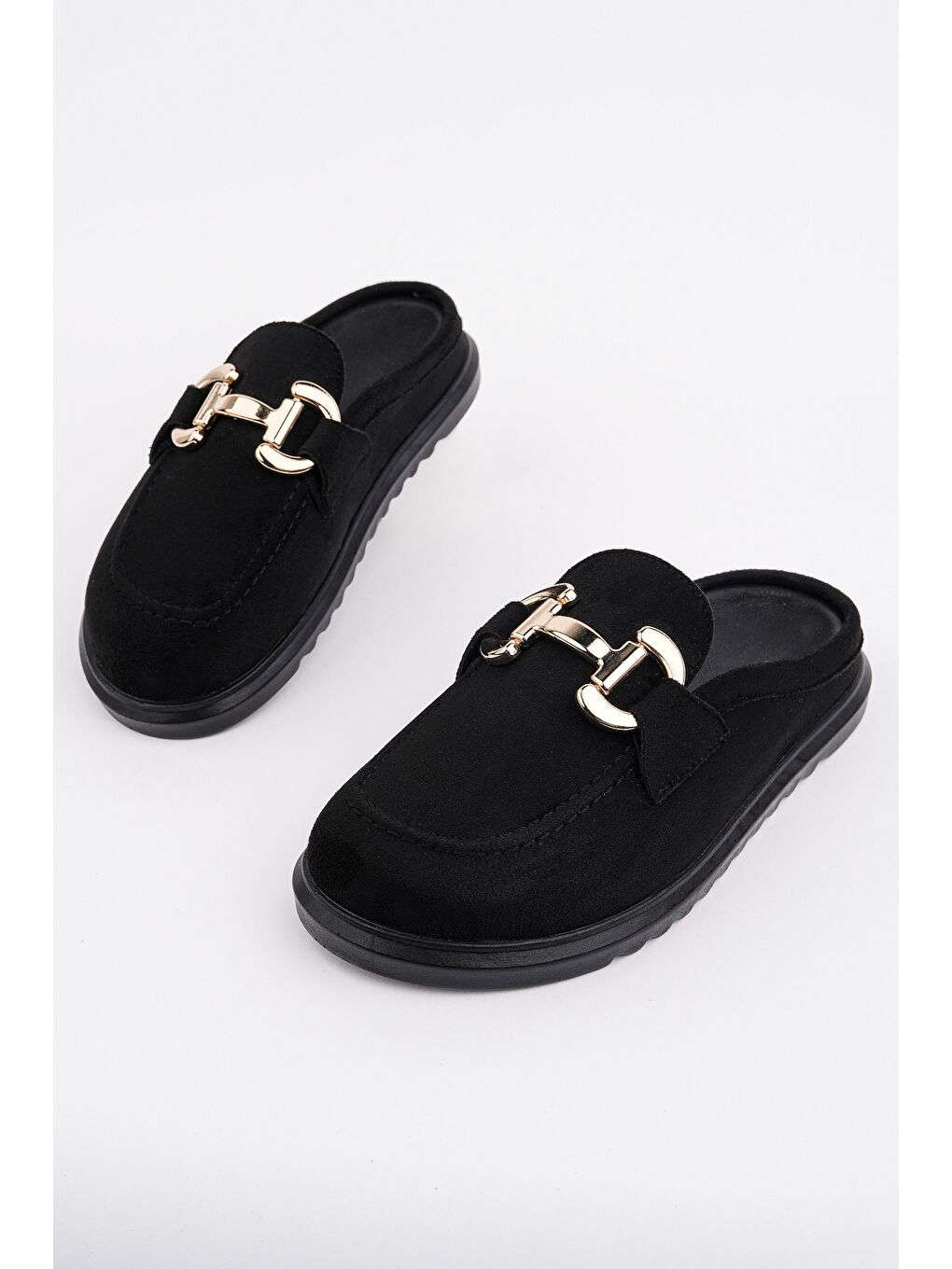 Siyah CARLEEN Süet Deri Gold Tokalı Günlük Rahat Önü Kapalı Kadın Loafer Terlik-3