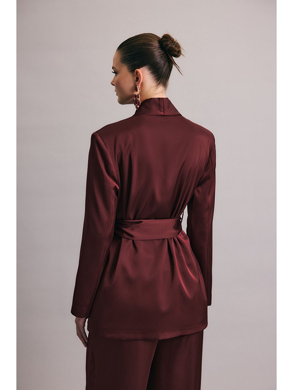 Kuşaklı Saten Ceket - Bordo-6