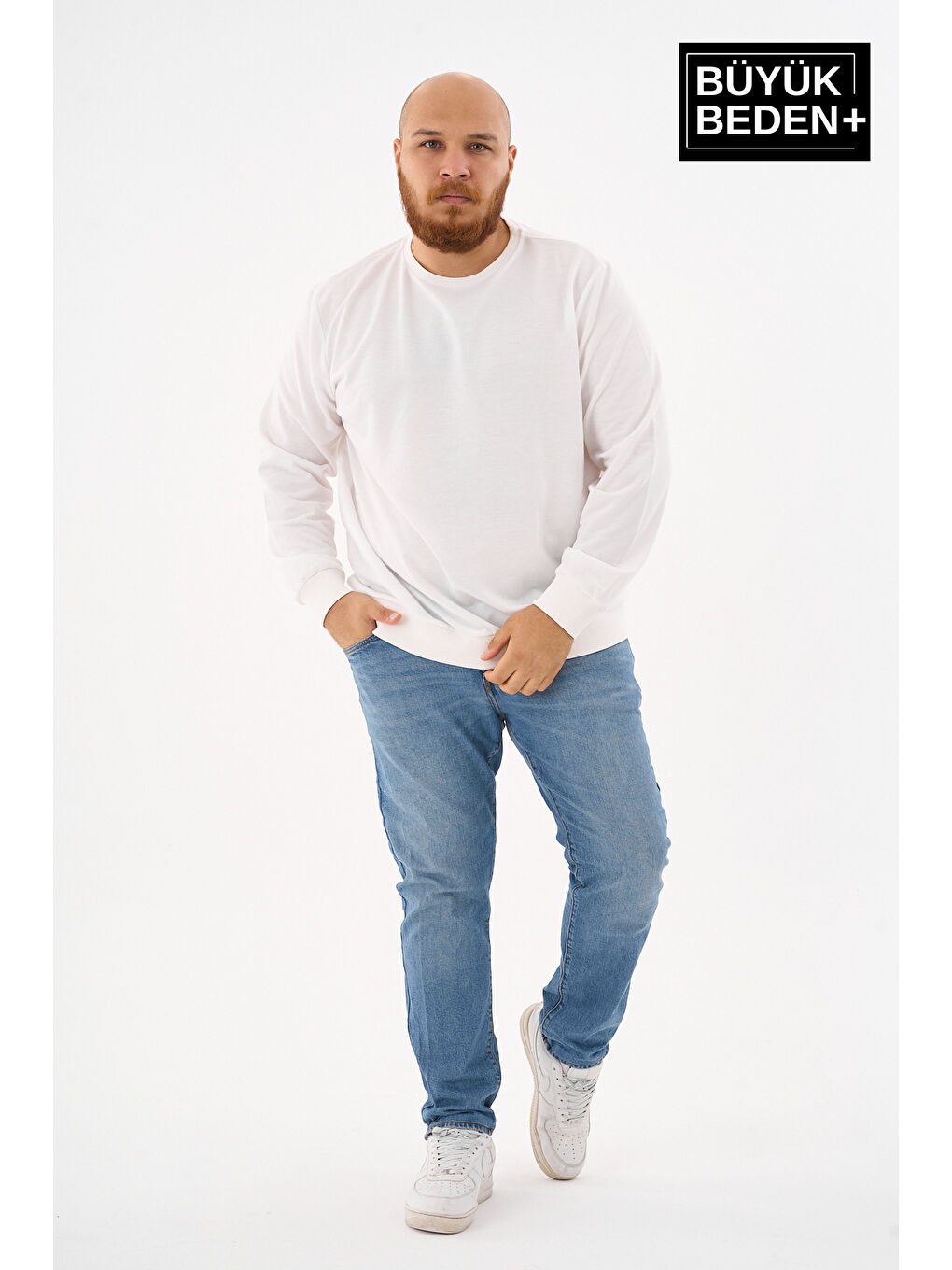 Ekru Erkek Büyük Beden Bisiklet Yaka ince Sweatshirt SPR24BSW56-2