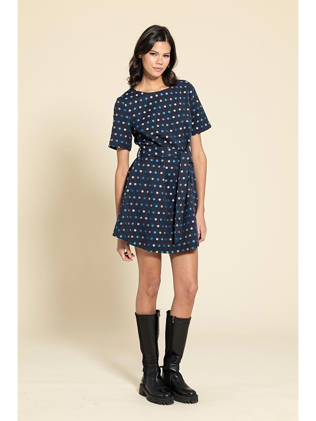 For You Moda Puantiyeli Kemerli Lacivert Mini Elbise - 1