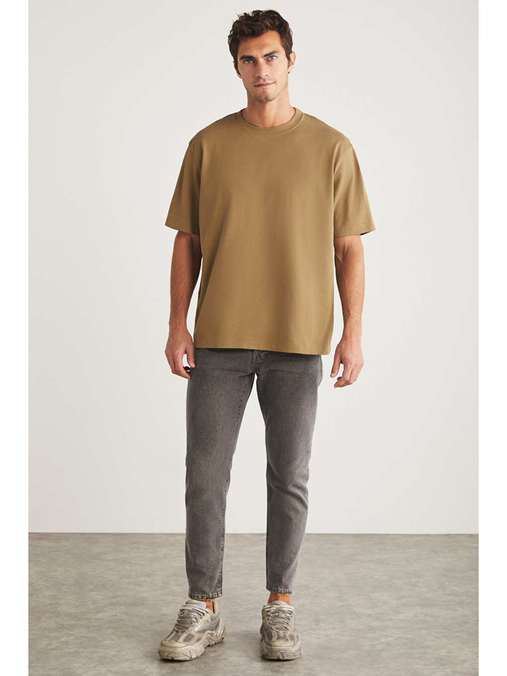 Kahverengi Blas Erkek Basic Oversize %100 Pamuklu Organik Pamuklu Örme Bisiklet Yaka Camel T-shirt-2