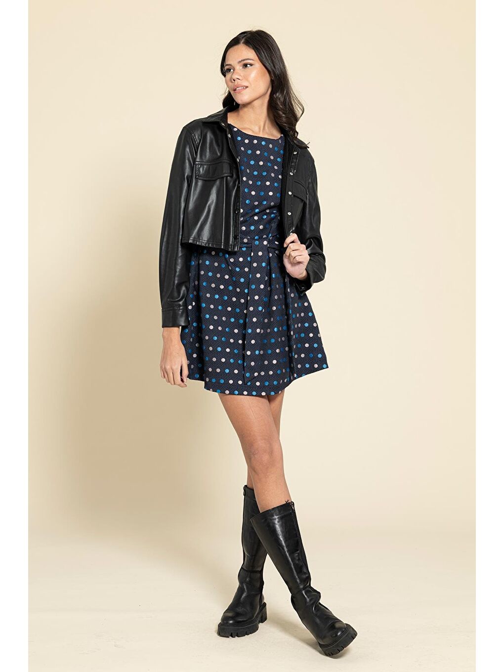 For You Moda Puantiyeli Kemerli Lacivert Mini Elbise - 2