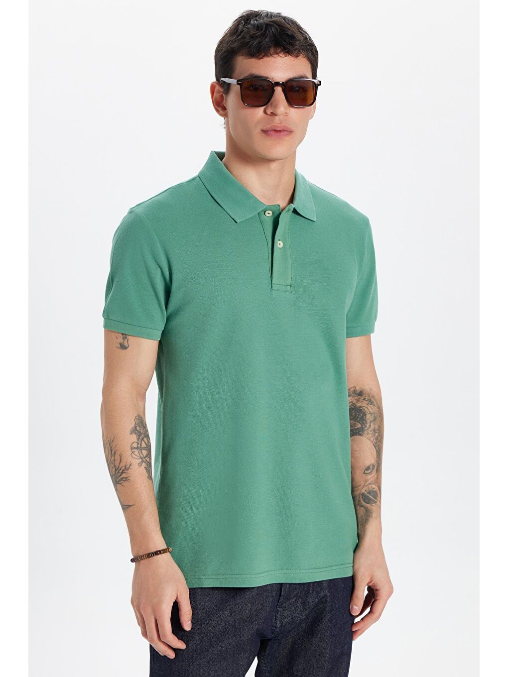 Turkuaz Erkek Slim Fit Dar Kesim %100 Pamuk Yeşil Polo Yaka Tişört-3