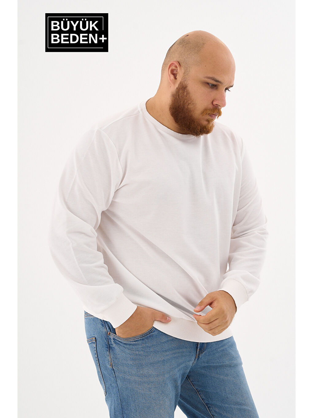 Ekru Erkek Büyük Beden Bisiklet Yaka ince Sweatshirt SPR24BSW56-3