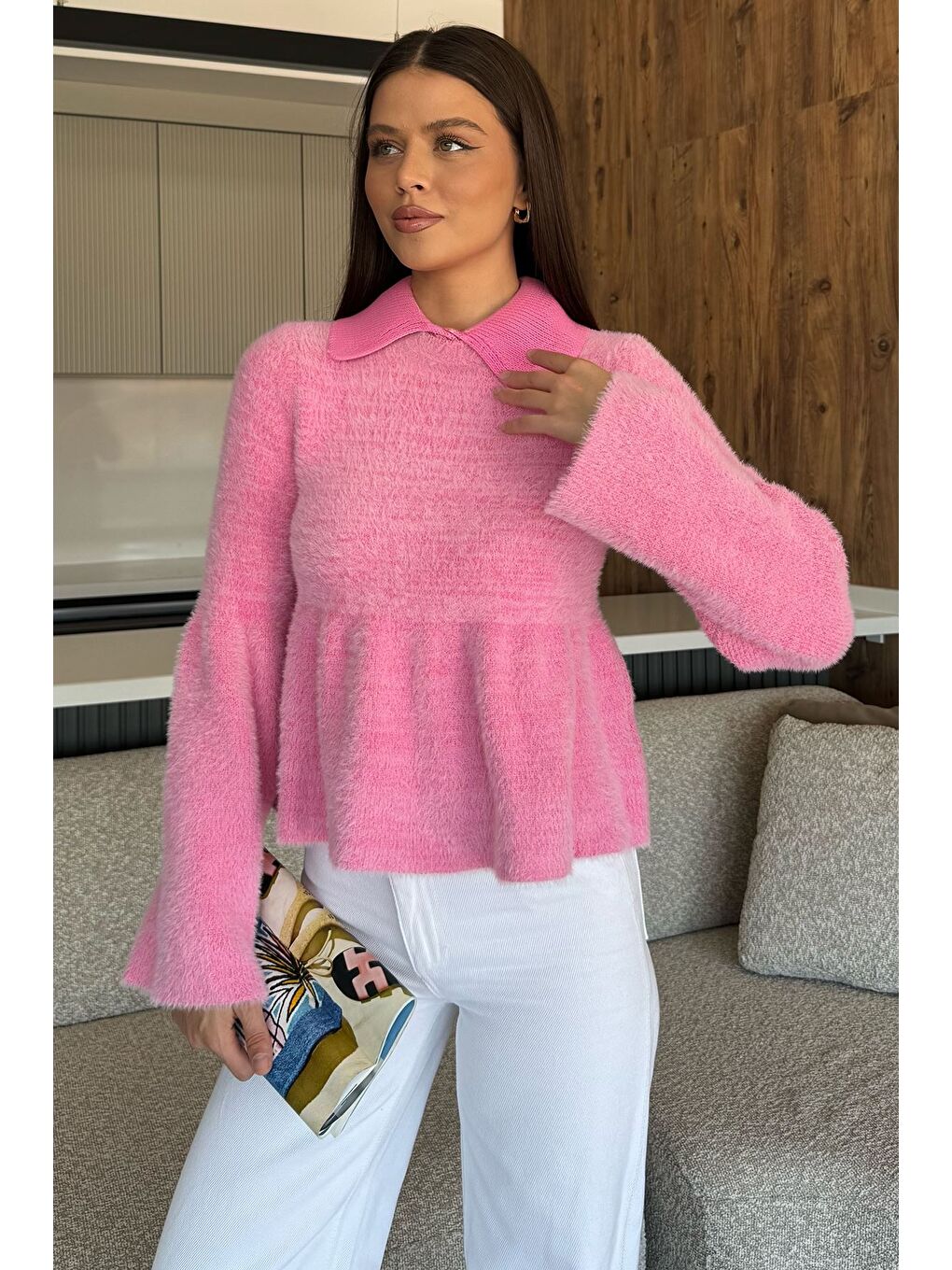 Pembe Gömlek Yaka Şardonlu Triko Bluz (s,m,l,xl Uyumludur)-1