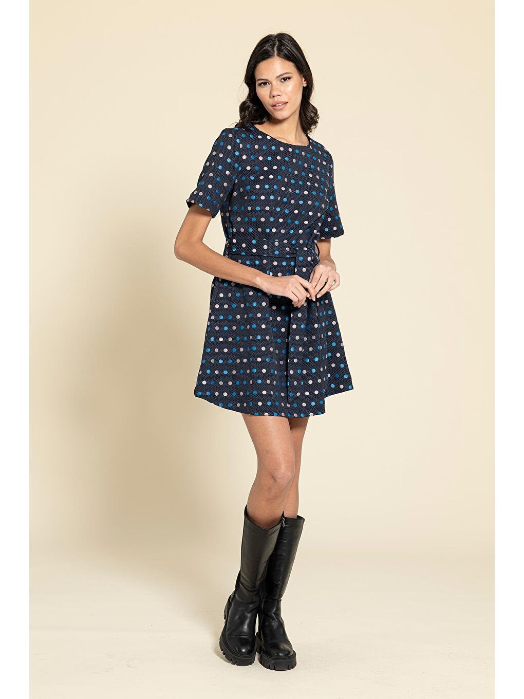 For You Moda Puantiyeli Kemerli Lacivert Mini Elbise - 3