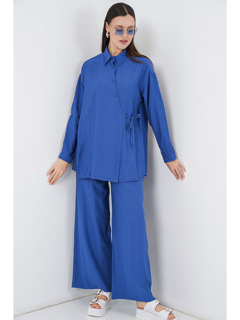 Kadın Bağcıklı Tunik Pantolon İkili Takım 6752 - İndigo-3