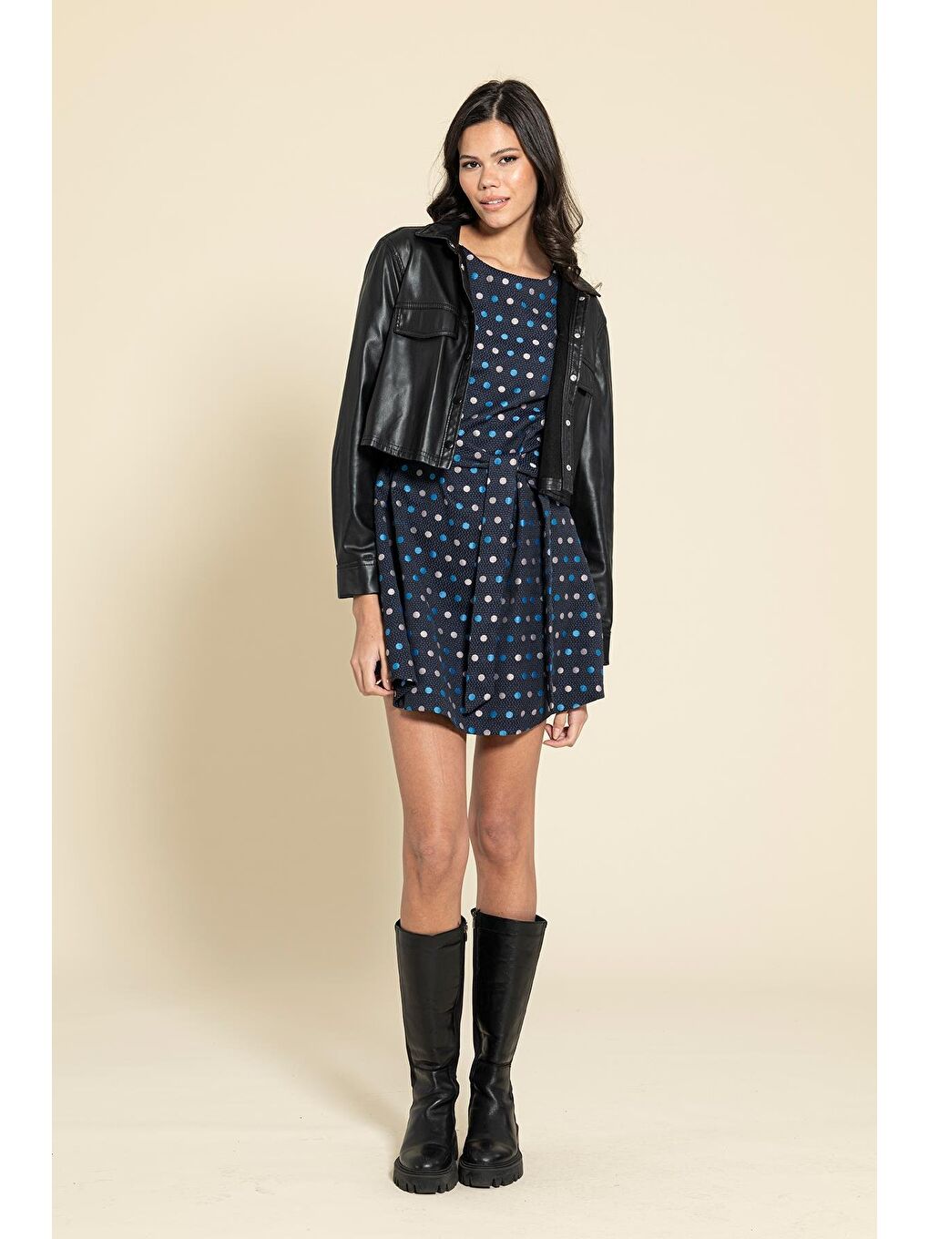 For You Moda Puantiyeli Kemerli Lacivert Mini Elbise - 4