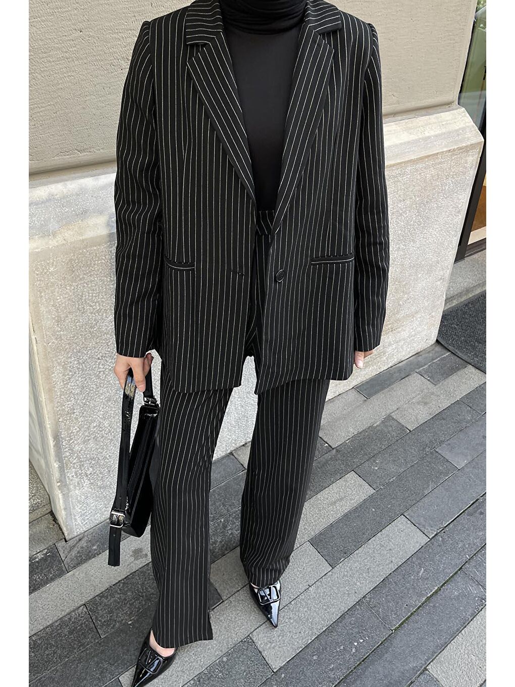 Çizgili Ceket Tesettür Takım Siyah-2