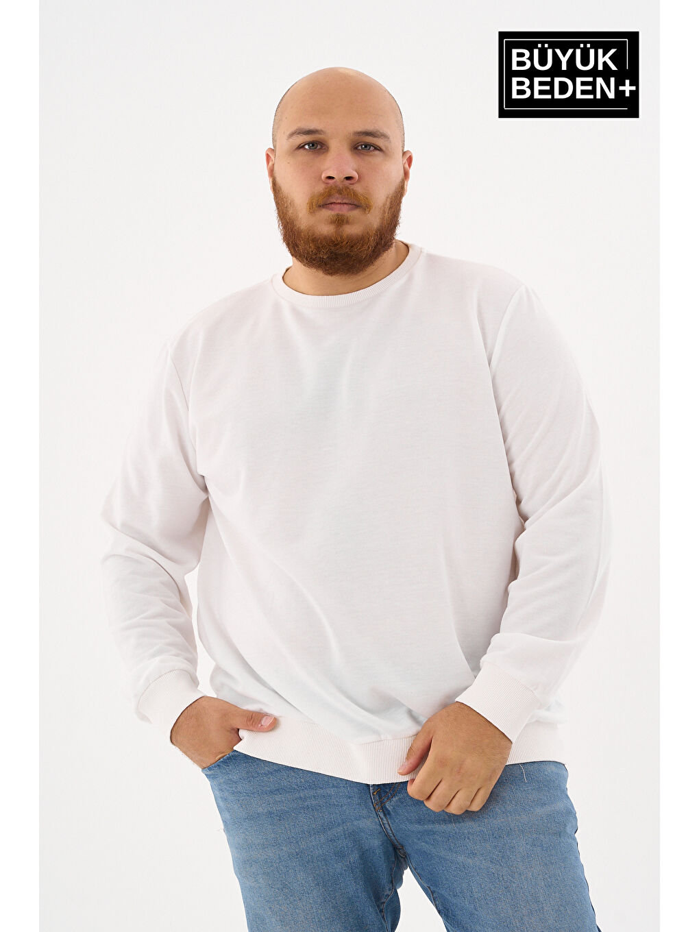 Ekru Erkek Büyük Beden Bisiklet Yaka ince Sweatshirt SPR24BSW56-4