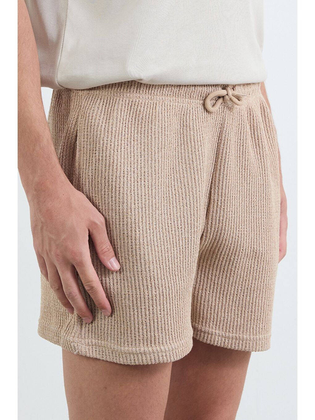 Bej 3 İplik Beli Bağcıklı Şort-4
