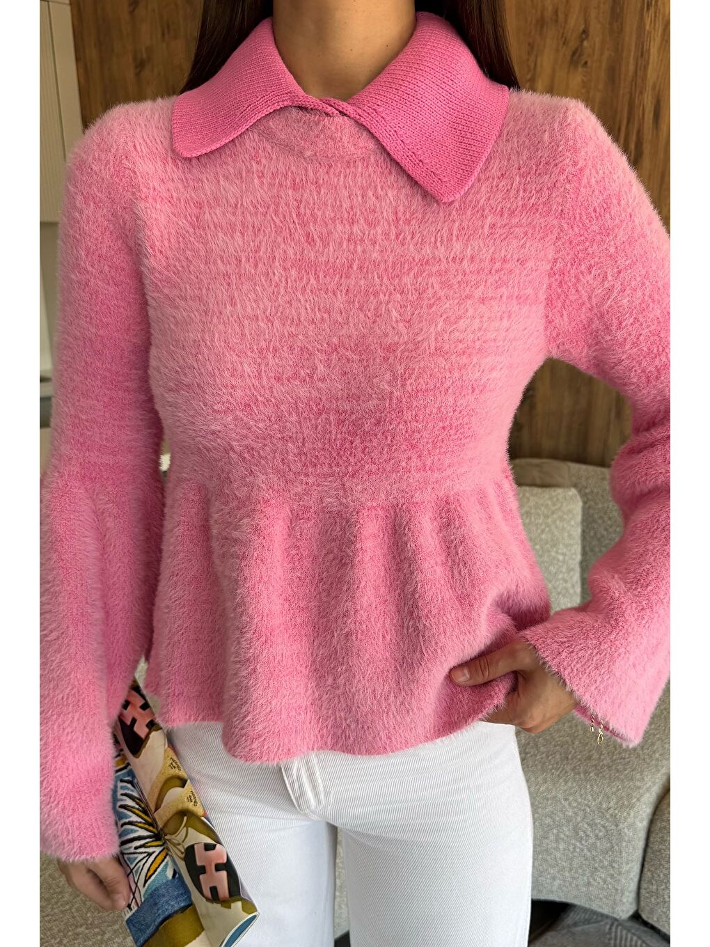 Pembe Gömlek Yaka Şardonlu Triko Bluz (s,m,l,xl Uyumludur)-2