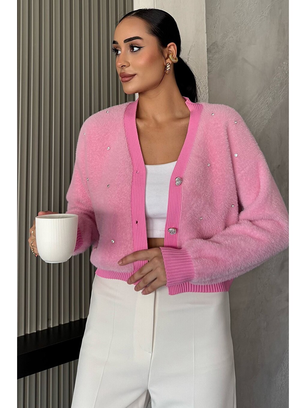 Pembe Kadın Taşlı Yumoş Triko Ceket (s-m-l-xl Beden Uyumludur.)