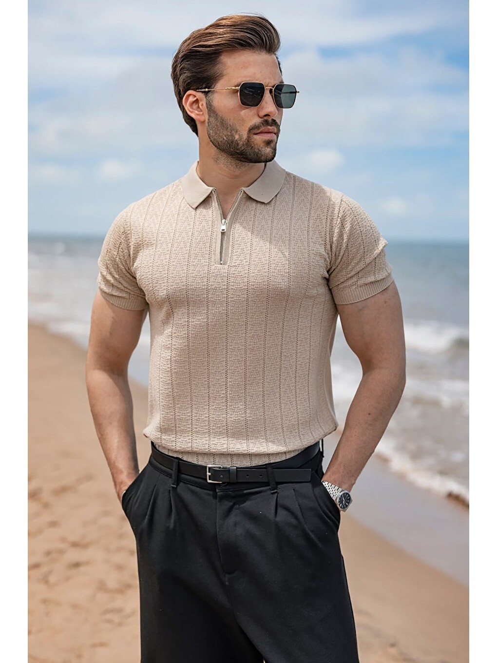 Bej Taş Rengi Regular Fit Polo Yaka Triko Erkek Tişört E7503