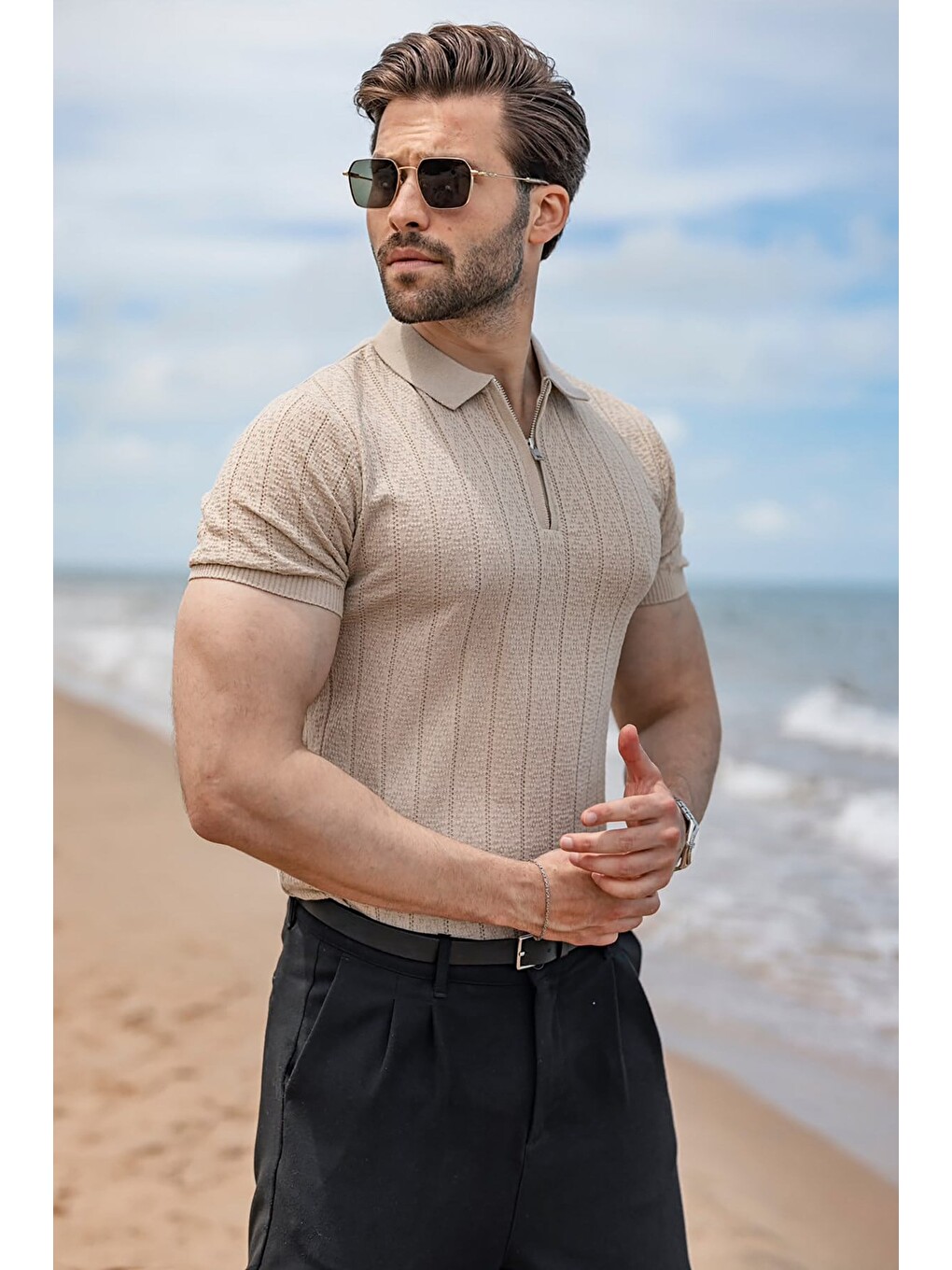 Bej Taş Rengi Regular Fit Polo Yaka Triko Erkek Tişört E7503-1