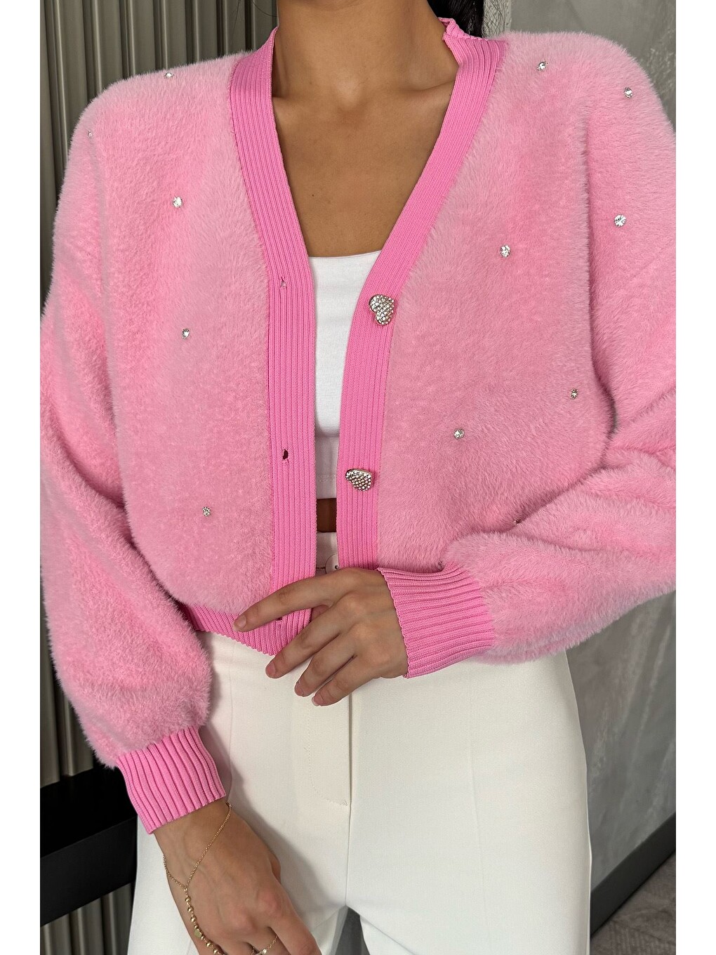 Pembe Kadın Taşlı Yumoş Triko Ceket (s-m-l-xl Beden Uyumludur.)-1
