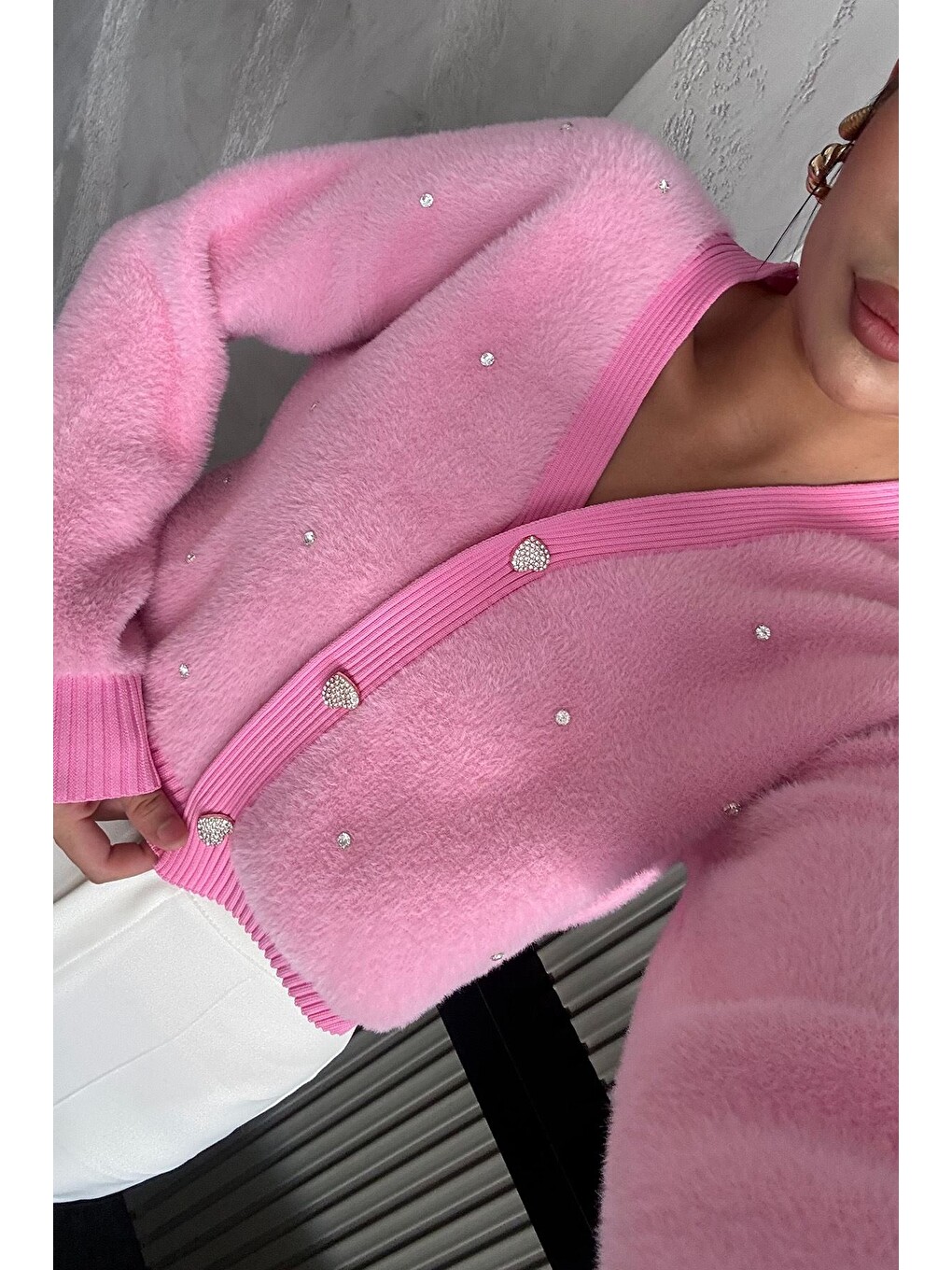 Pembe Kadın Taşlı Yumoş Triko Ceket (s-m-l-xl Beden Uyumludur.)-2