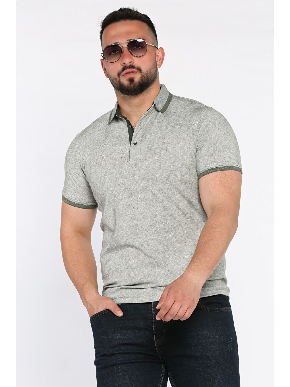 Haki Polo Yaka Erkek Yarım Düğmeli Tişört-1