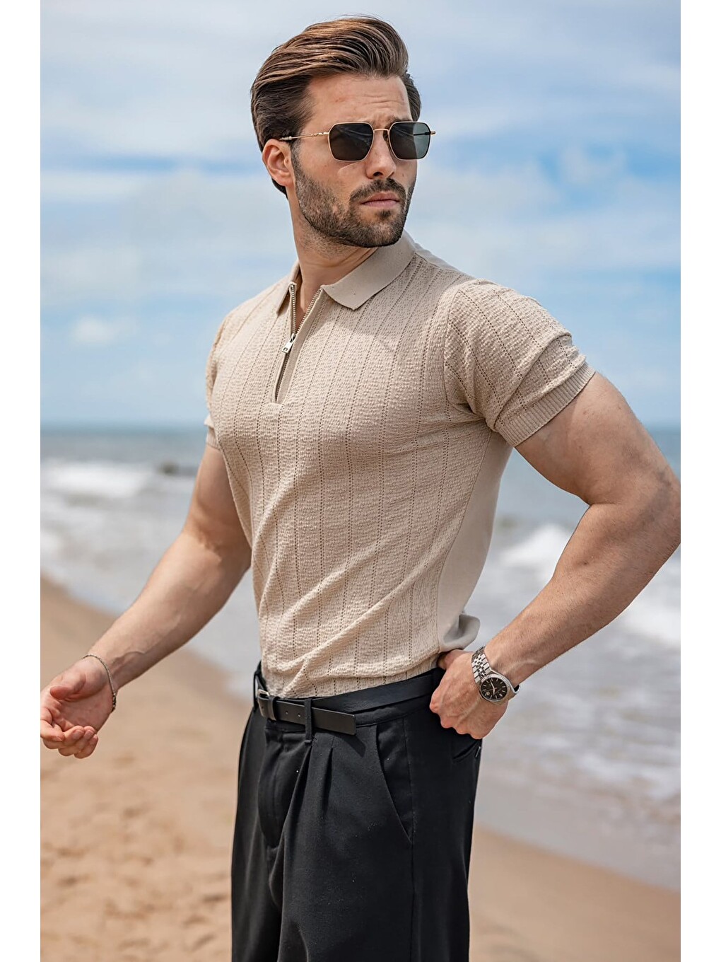 Bej Taş Rengi Regular Fit Polo Yaka Triko Erkek Tişört E7503-3