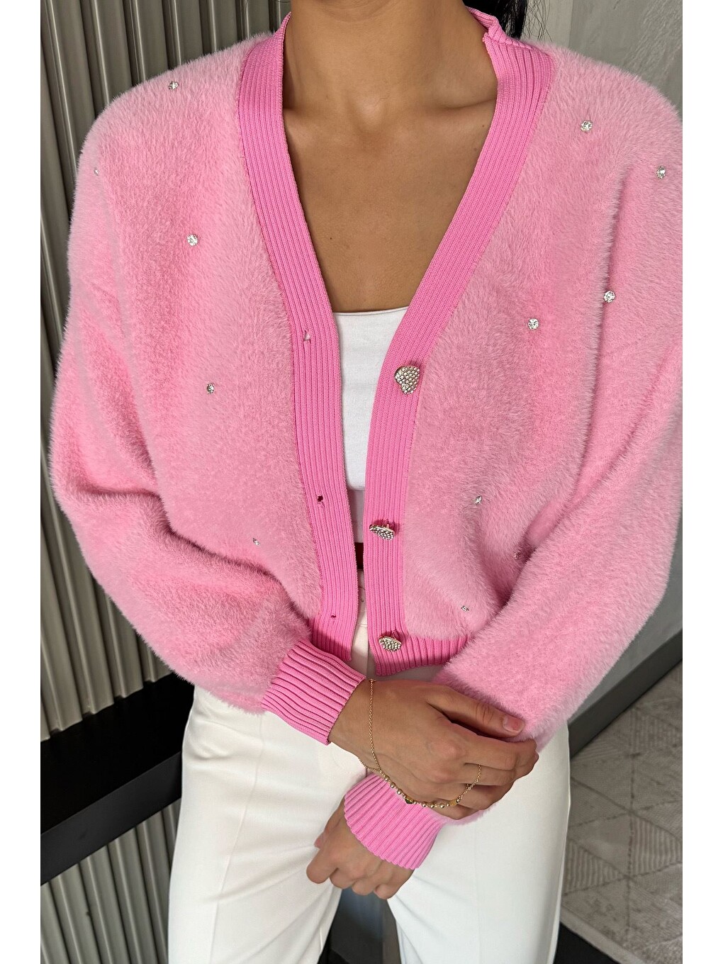 Pembe Kadın Taşlı Yumoş Triko Ceket (s-m-l-xl Beden Uyumludur.)-3