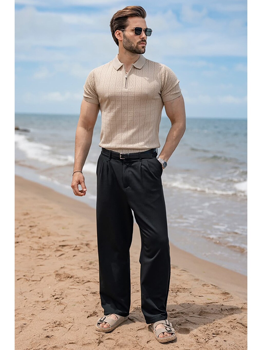 Bej Taş Rengi Regular Fit Polo Yaka Triko Erkek Tişört E7503-5