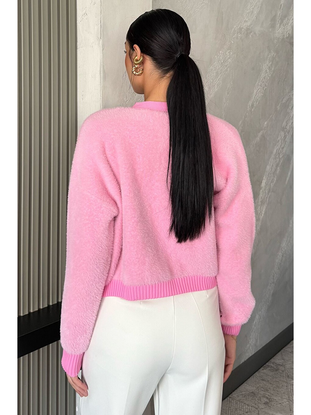 Pembe Kadın Taşlı Yumoş Triko Ceket (s-m-l-xl Beden Uyumludur.)-4