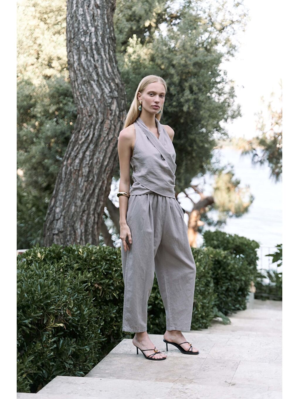 Struana Kruvaze Gri Crop Pantolon Takım