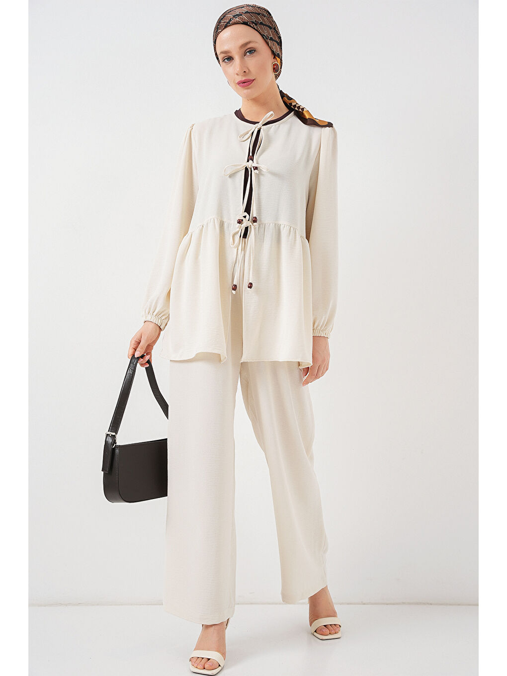 Kadın Önü Bağcıklı Tunik Pantolon İkili Takım 6744 - Ekru