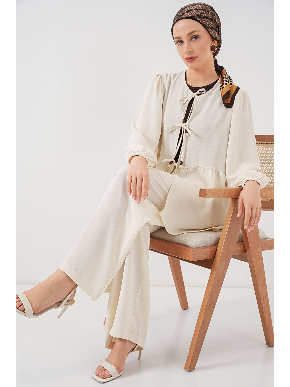 Kadın Önü Bağcıklı Tunik Pantolon İkili Takım 6744 - Ekru-1