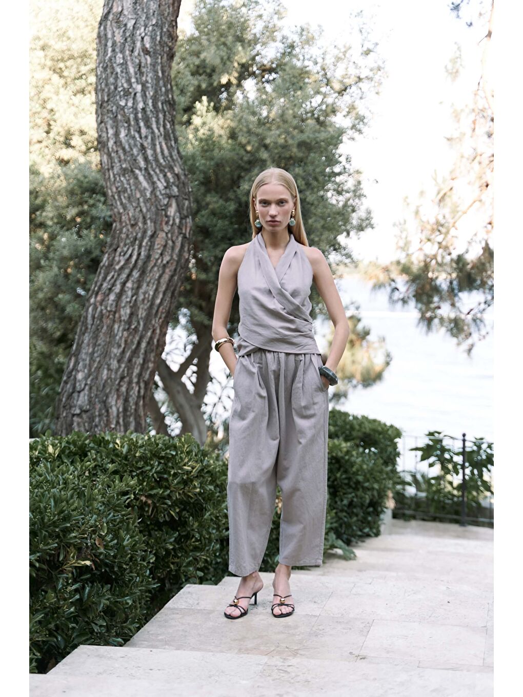 Struana Kruvaze Gri Crop Pantolon Takım-1