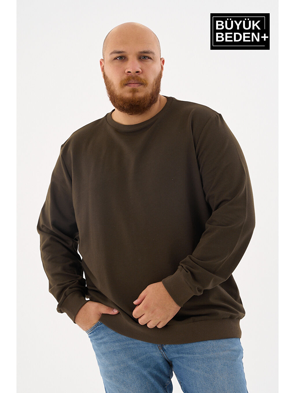 Haki Erkek Büyük Beden Bisiklet Yaka ince Sweatshirt SPR24BSW56