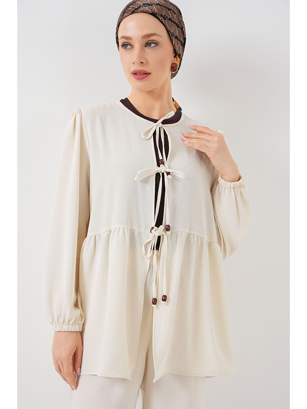 Kadın Önü Bağcıklı Tunik Pantolon İkili Takım 6744 - Ekru-2