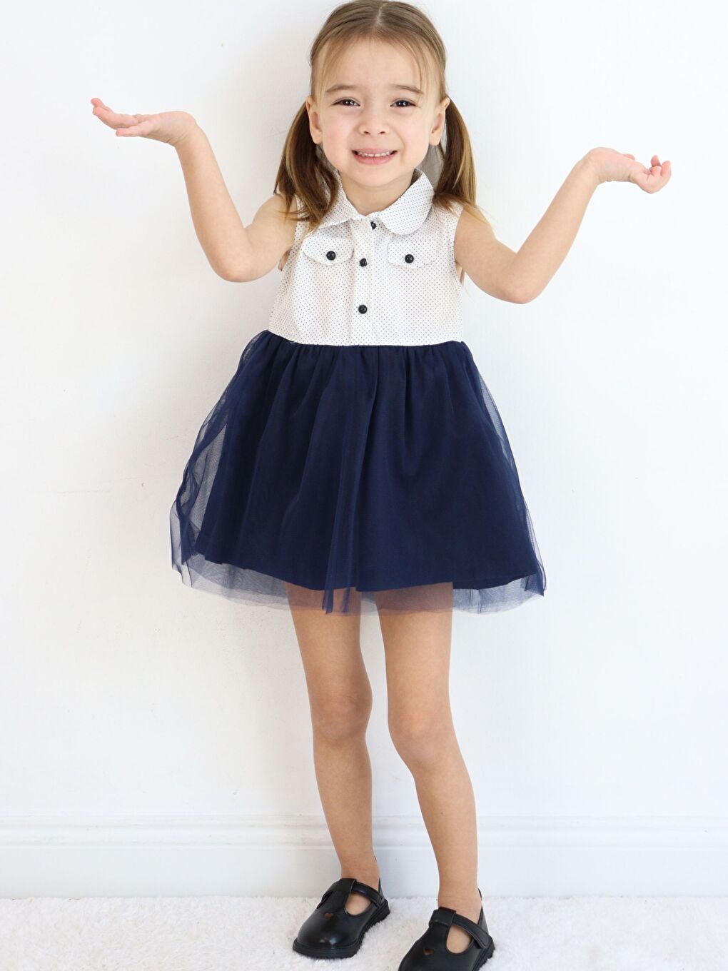 Lacivert Bebe Yaka Kolsuz Kız Bebek Elbise-1