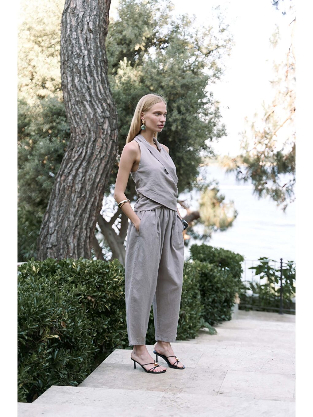 Struana Kruvaze Gri Crop Pantolon Takım-2