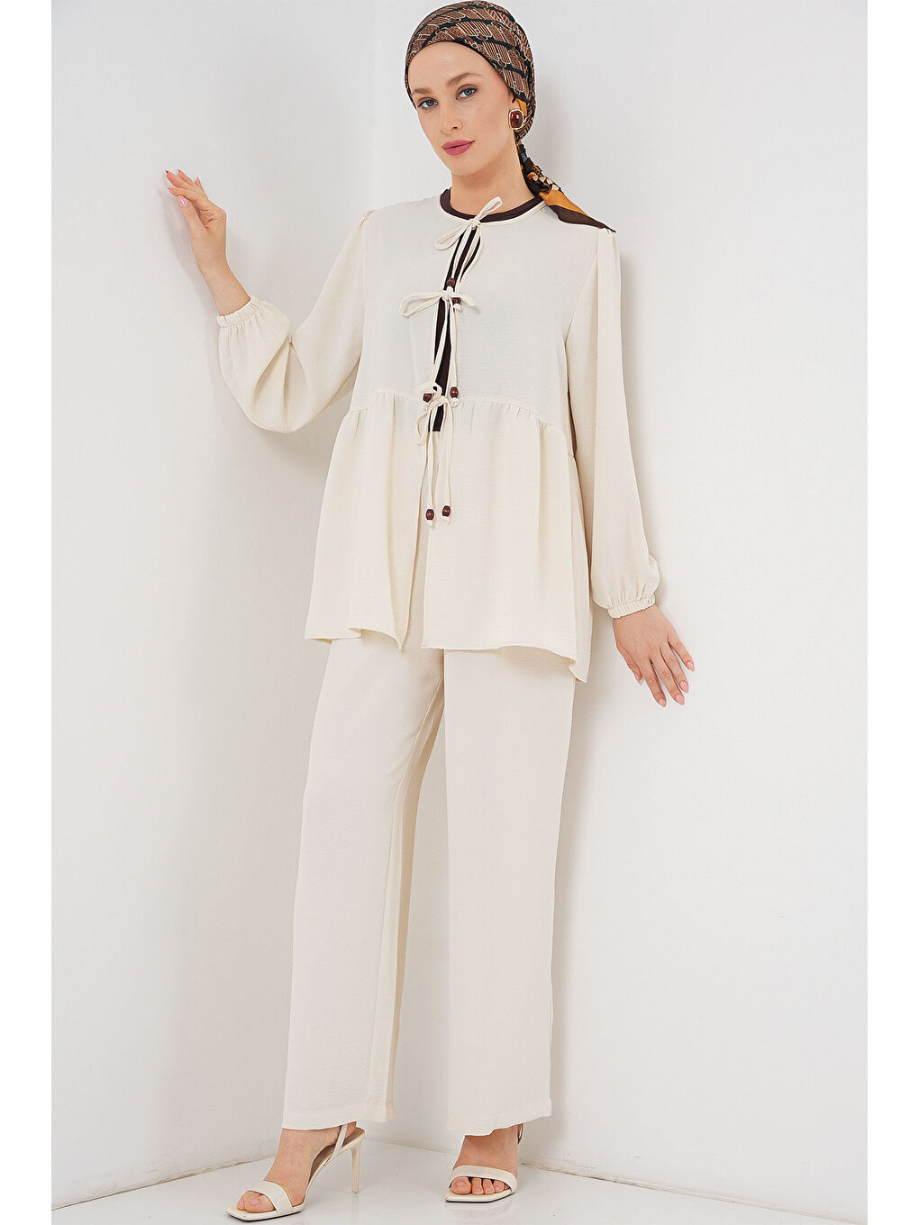Kadın Önü Bağcıklı Tunik Pantolon İkili Takım 6744 - Ekru-3