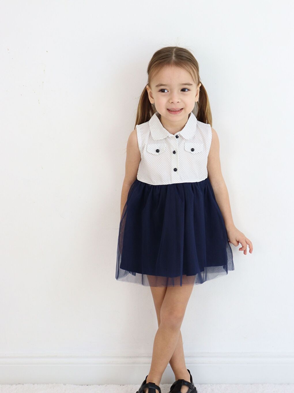 Lacivert Bebe Yaka Kolsuz Kız Bebek Elbise-3