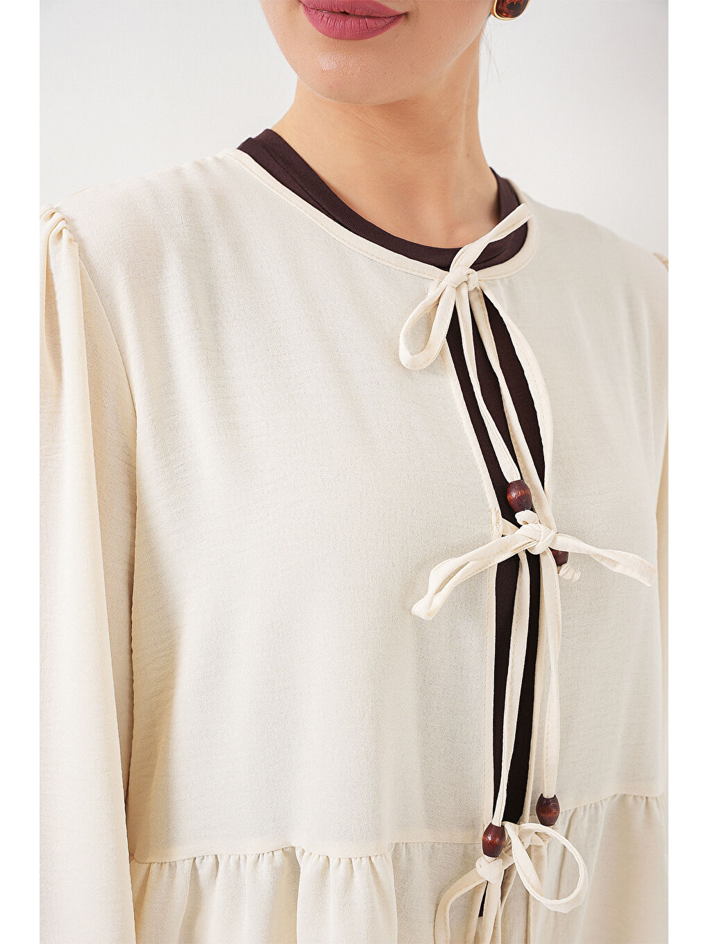 Kadın Önü Bağcıklı Tunik Pantolon İkili Takım 6744 - Ekru-4