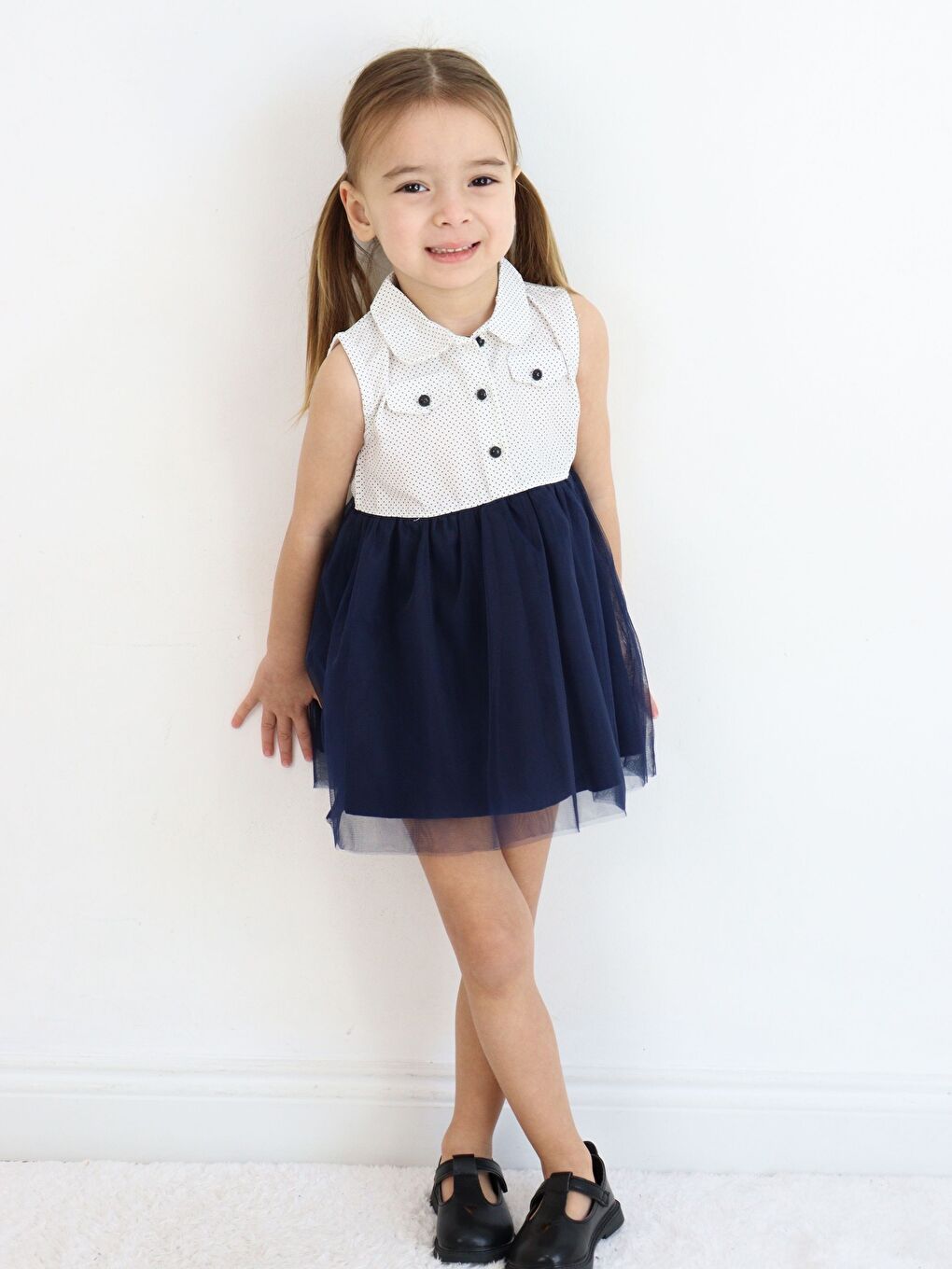 Lacivert Bebe Yaka Kolsuz Kız Bebek Elbise-5