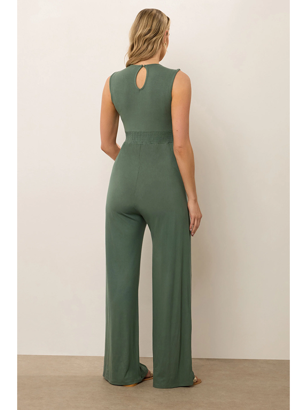 Yeşil Büyük Beden Fitilli Kumaştan Beli Lastikli Sırt Detaylı Paçası Uzun Tulum 198140-3