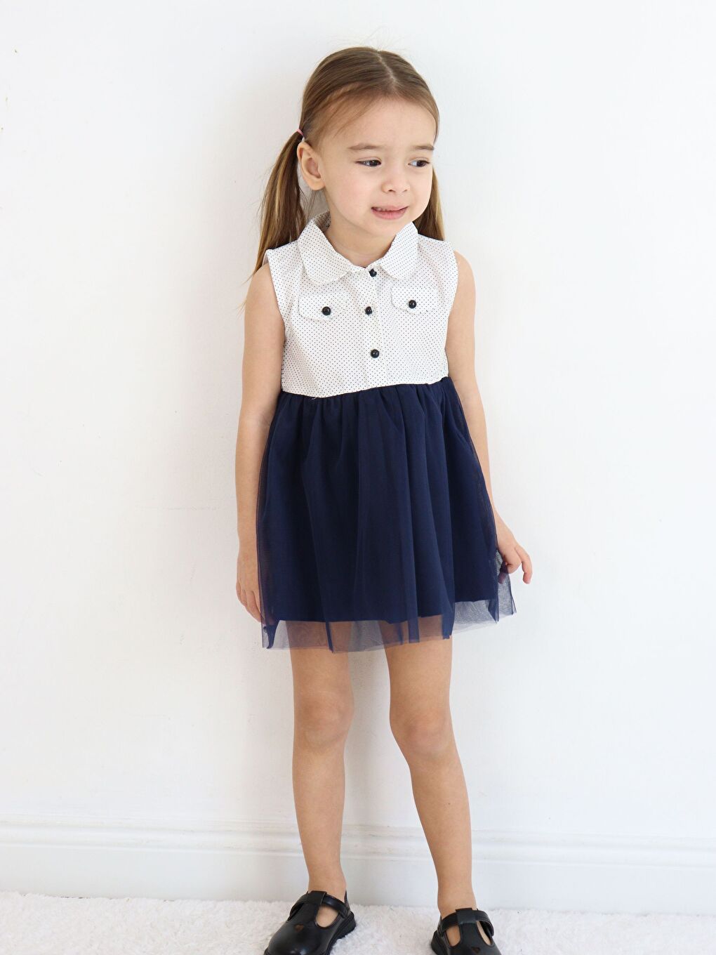 Lacivert Bebe Yaka Kolsuz Kız Bebek Elbise-6