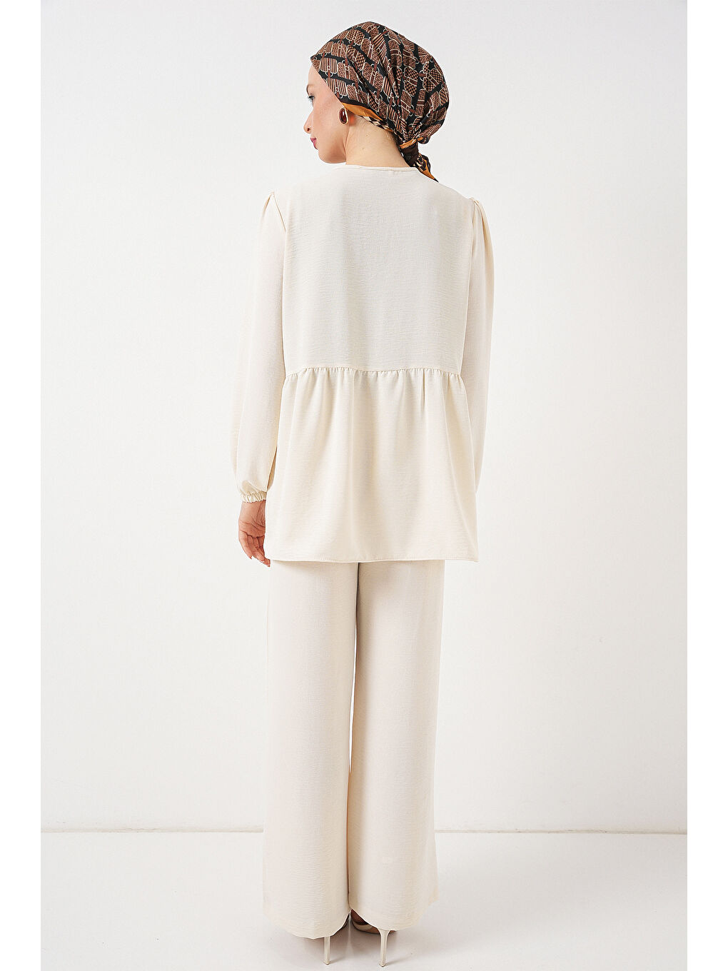 Kadın Önü Bağcıklı Tunik Pantolon İkili Takım 6744 - Ekru-5