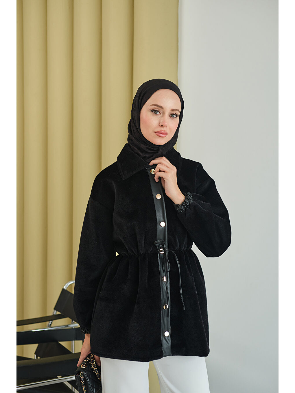 Kadın Beli Ayarlanabilir Gömlek Yaka Angora Ceket Siyah