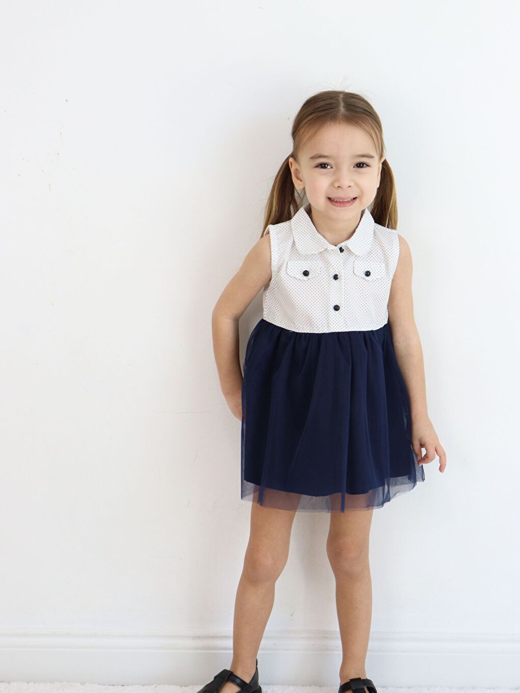 Lacivert Bebe Yaka Kolsuz Kız Bebek Elbise-8