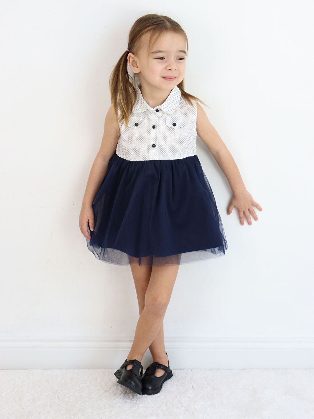 Lacivert Bebe Yaka Kolsuz Kız Bebek Elbise-9