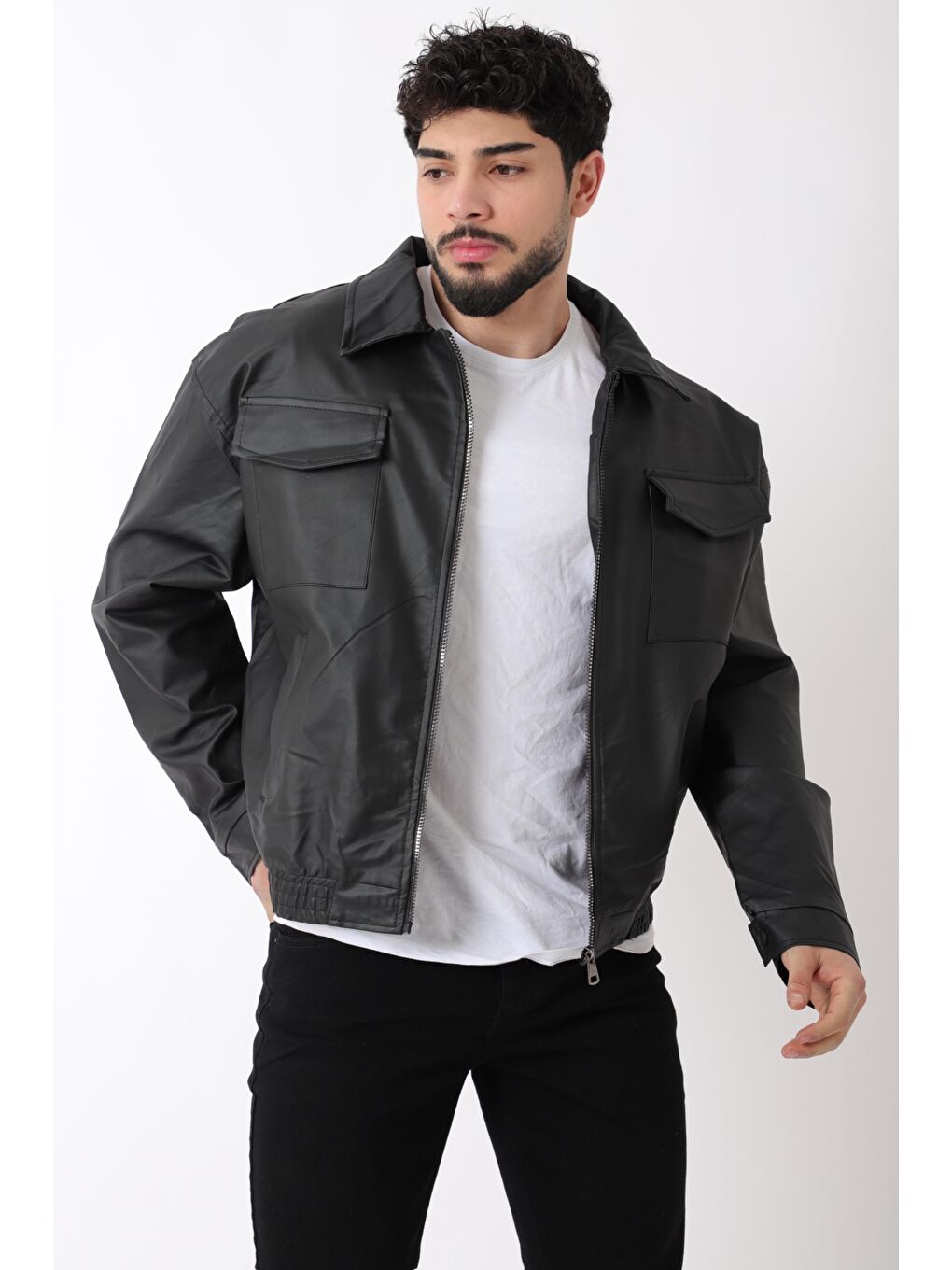 Stilkombin Siyah Oversize Kapaklı Bel Lastikli Erkek Suni Deri Mont Arw_50393