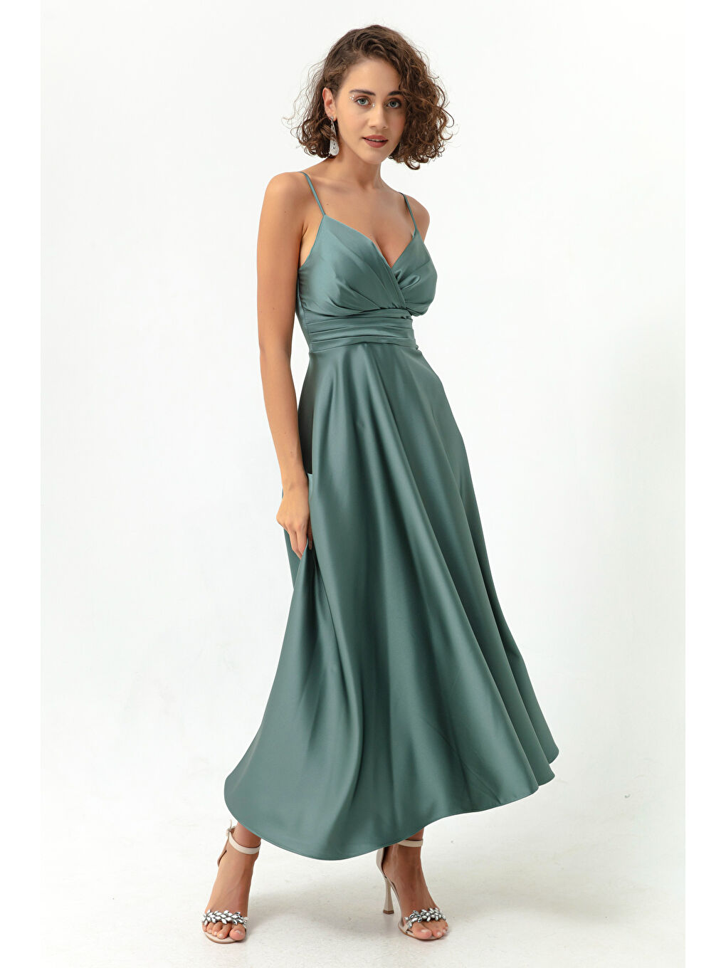 Mavi Kadın Firuze İp Askılı Bel Kemerli Saten Midi Abiye & Mezuniyet Elbisesi